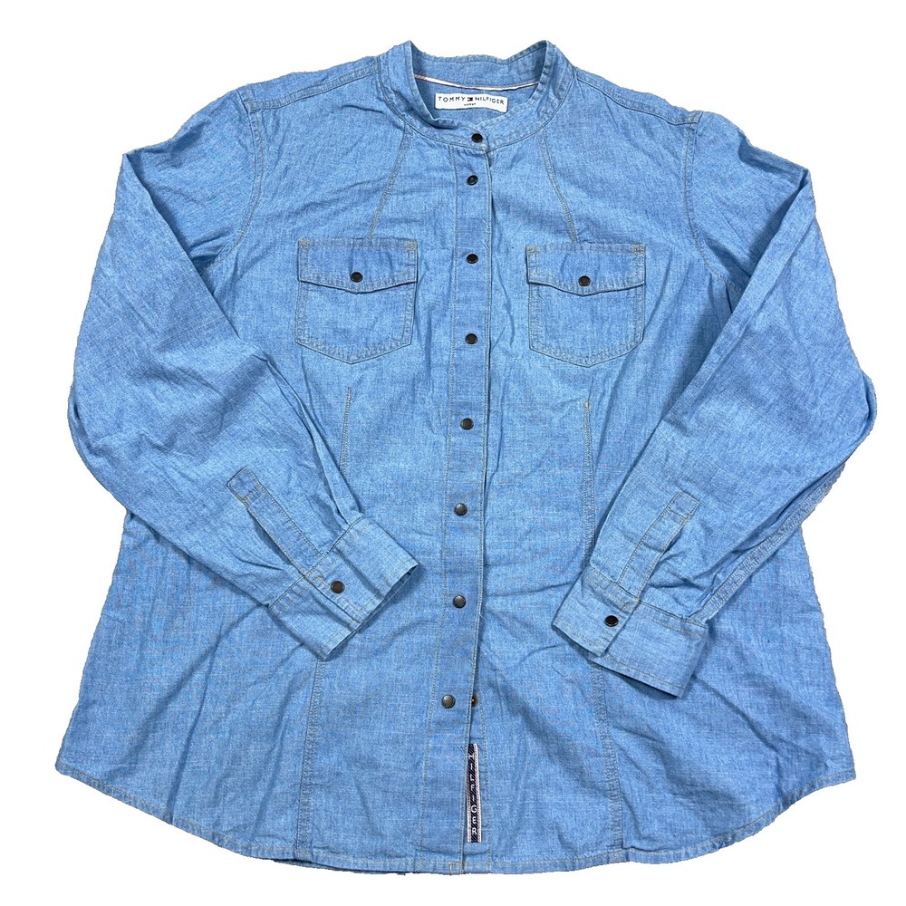Tommy Hilfiger Denim Shirt Women 16 Snap Button Up Western Blade Collar‎